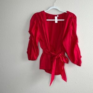Guest Editor Red Puff Sleeve Wrap Around Blouse